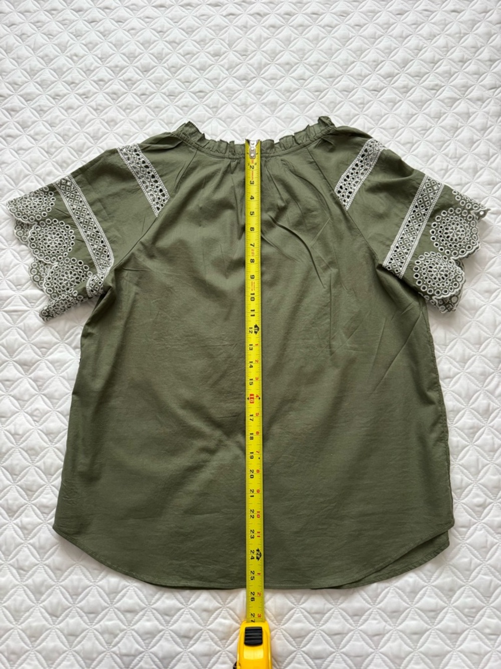 NWT Talbots Olive Green Embroidered Eyelet Sleeve Ruffle Neck Blouse Size Medium - Picture 15 of 15